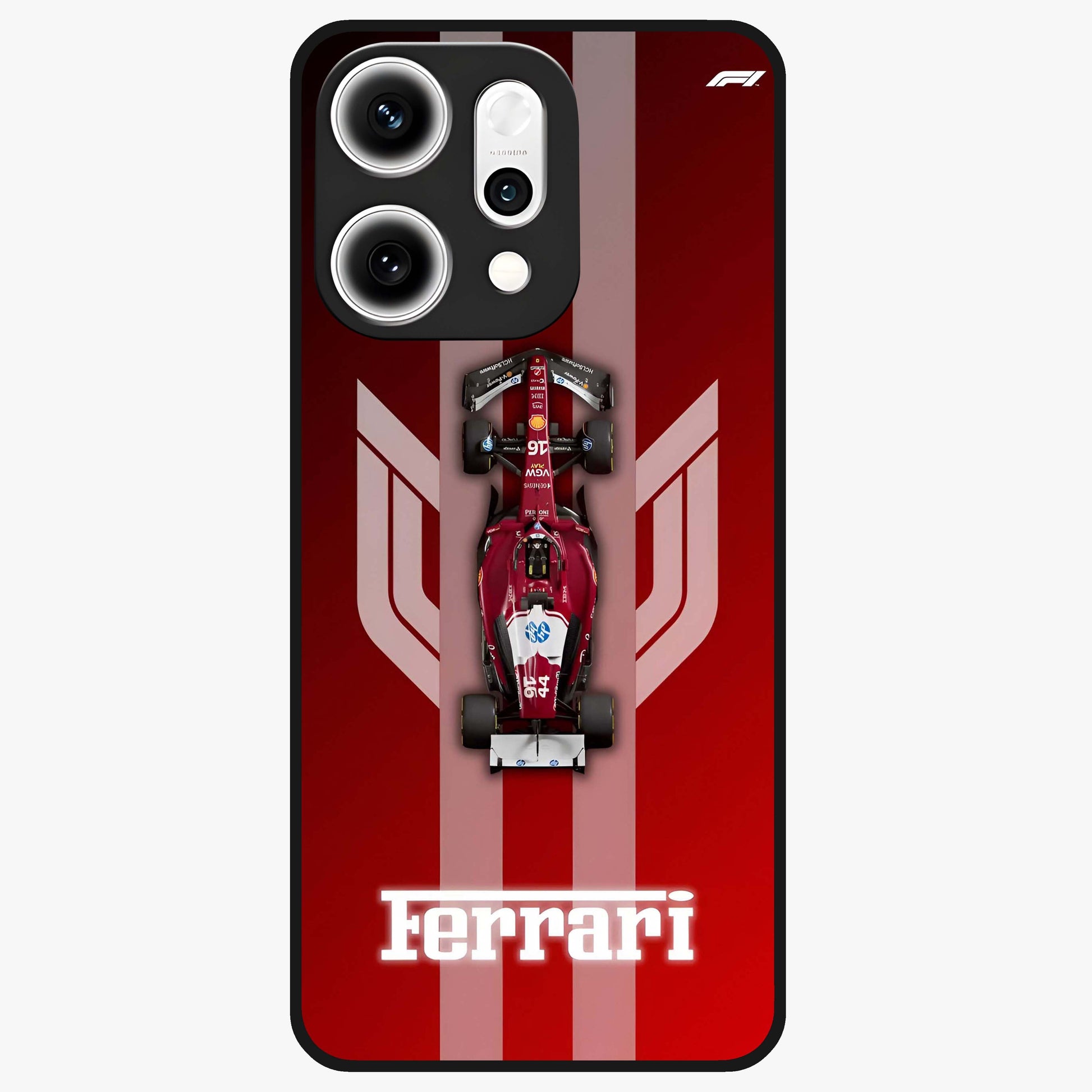 Red Ferrari F1 Vertical Glass Case showing flat back view with sleek Formula racing car artwork and glossy glass finish.