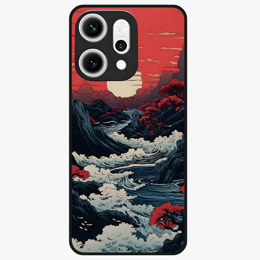 Red Sunset Scenery Glass Case showing flat back view with vibrant sunset landscape artwork and glossy glass finish.