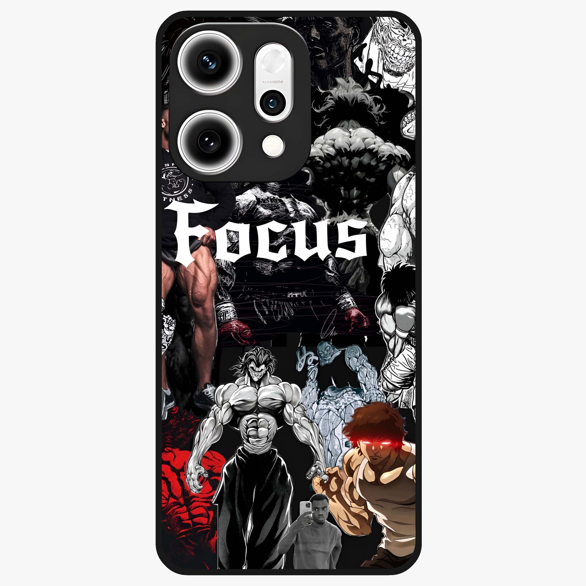 Relentless Power Focus Glass Case showing flat back view with motivational typography artwork and glossy glass finish.