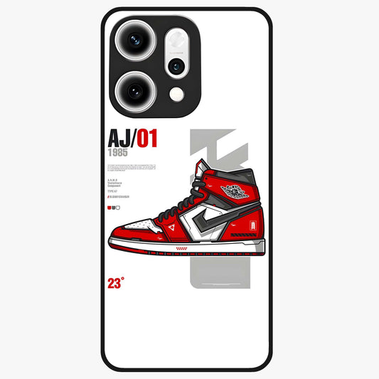 Retro Sneaker Blueprint Glass Case showing flat back view with sneaker blueprint style artwork and glossy glass finish.