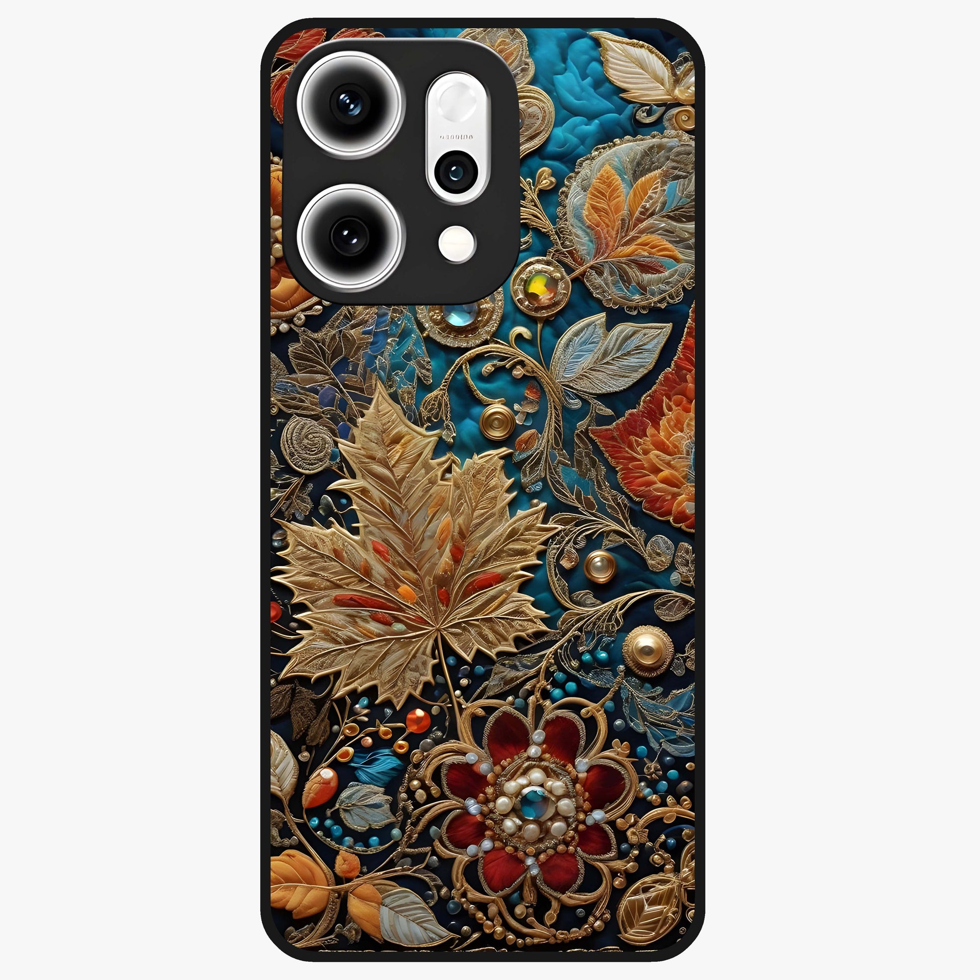 Royal Jewel Garden Glass Case showing flat back view with decorative floral garden artwork and glossy glass finish.