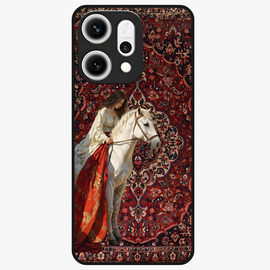 Royal Rider Tapestry Glass Case showing flat back view with majestic horse rider tapestry artwork and glossy glass finish.