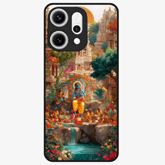 Sacred Sunlight Gods Glass Case showing flat back view with divine sunlight themed artwork and glossy glass finish.