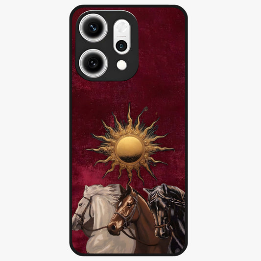Solar Riders Glass Case showing flat back view with dynamic rider themed artwork and glossy glass finish.