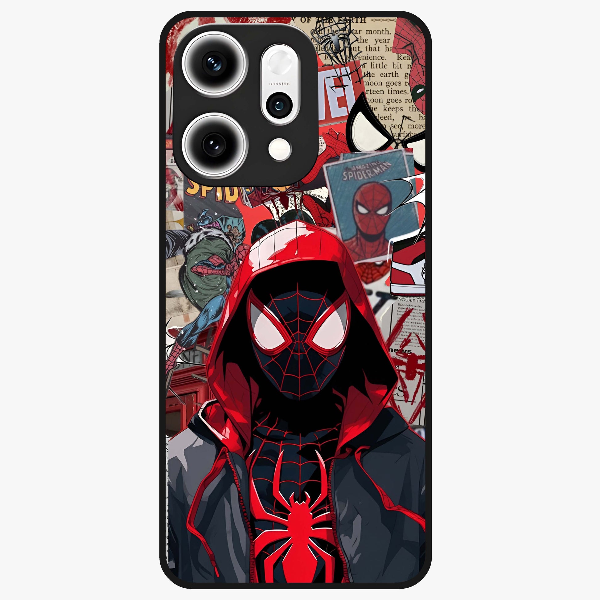 Spider Collage Street Glass Case showing flat back view with vibrant superhero collage artwork and glossy glass finish.