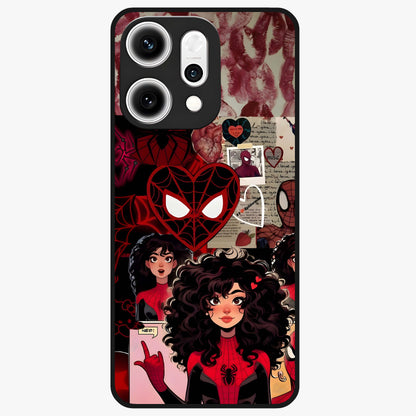 Spider Love Story Glass Case showing flat back view with romantic superhero themed artwork and glossy glass finish.