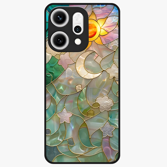 Stained Sunrise Glow Glass Case showing flat back view with glowing sunrise stained pattern artwork and glossy glass finish.