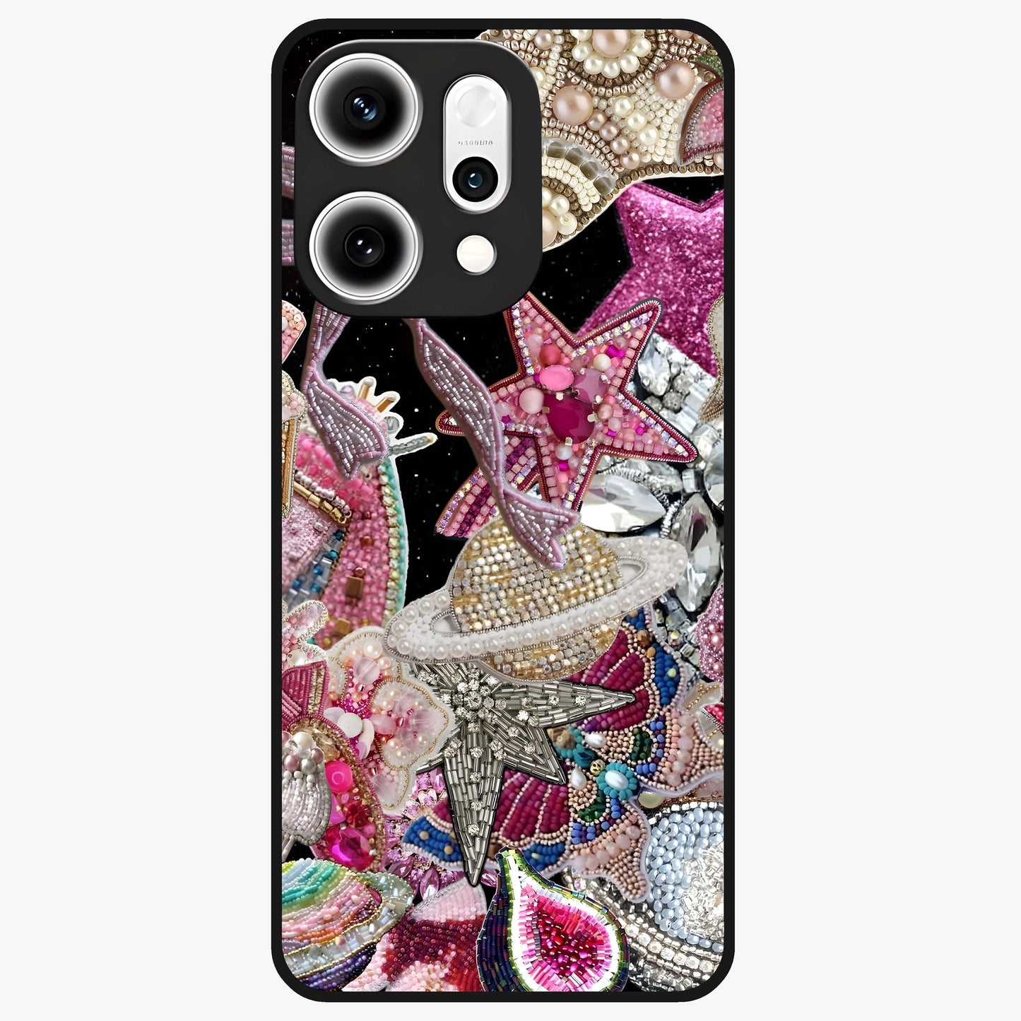 Starlit Jewel Dream Glass Case showing flat back view with sparkling jewel and star themed artwork and glossy glass finish.