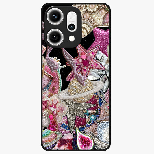 Starlit Jewel Dream Glass Case showing flat back view with sparkling jewel and star themed artwork and glossy glass finish.