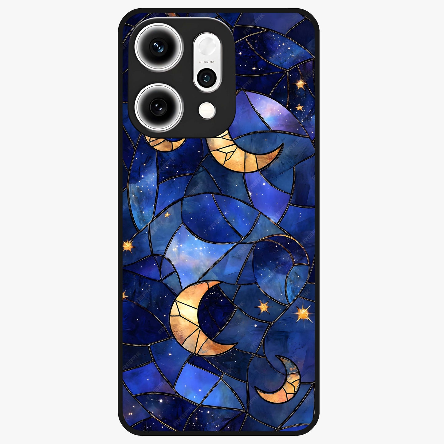 Starlit Sky Tapestry Glass Case showing flat back view with decorative starry sky tapestry artwork and glossy glass finish.
