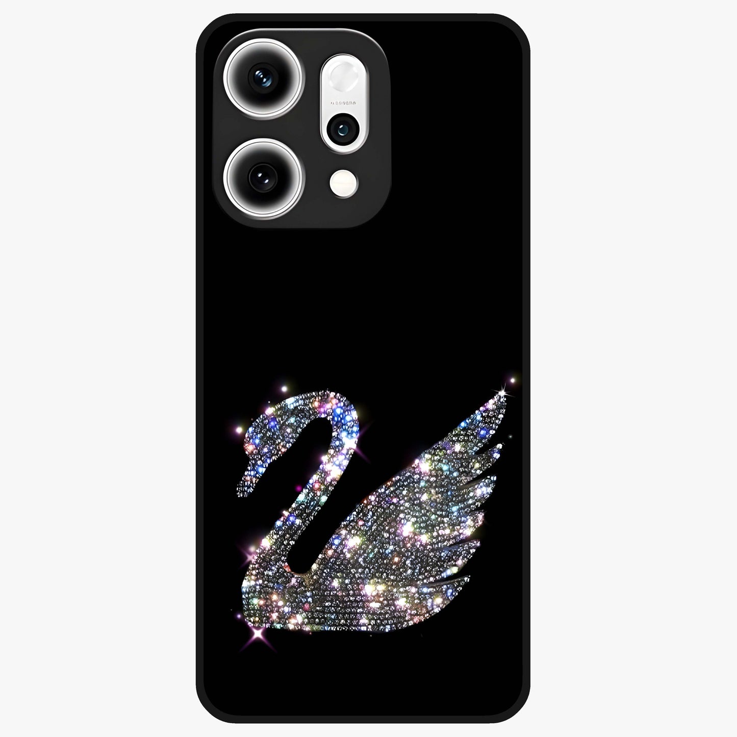 Starlit Swan Grace Glass Case showing flat back view with graceful swan artwork under starry sky and glossy glass finish.