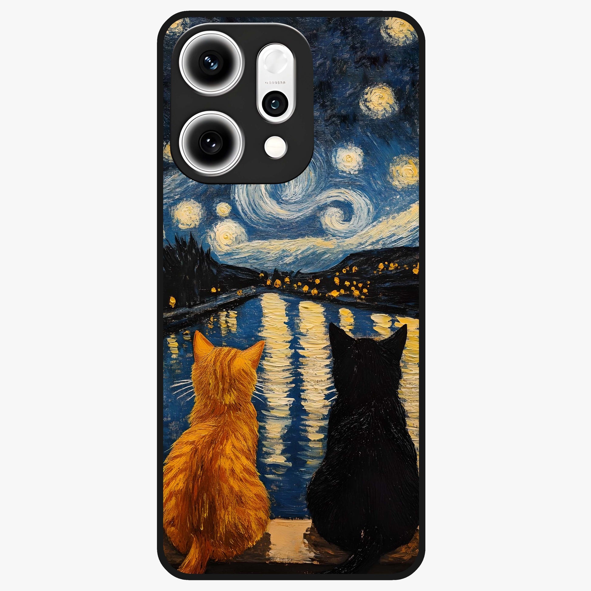 Starry River Cats Glass Case showing flat back view with cats by a starry river artwork and glossy glass finish.