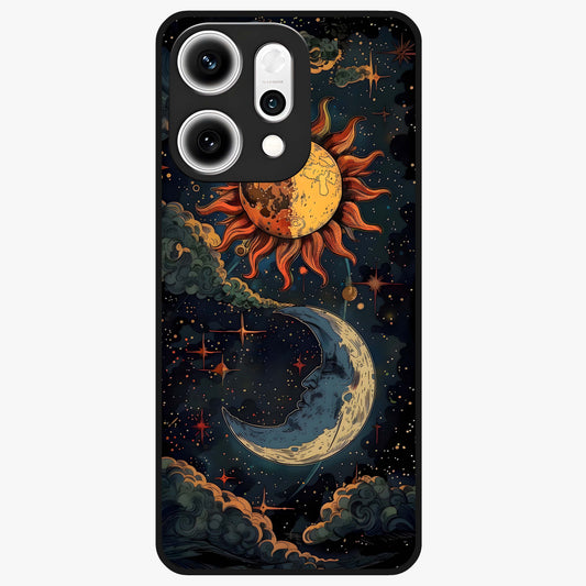 Sun And Moon Magic Design Glass Case showing flat back view with mystical sun and moon artwork and glossy glass finish.