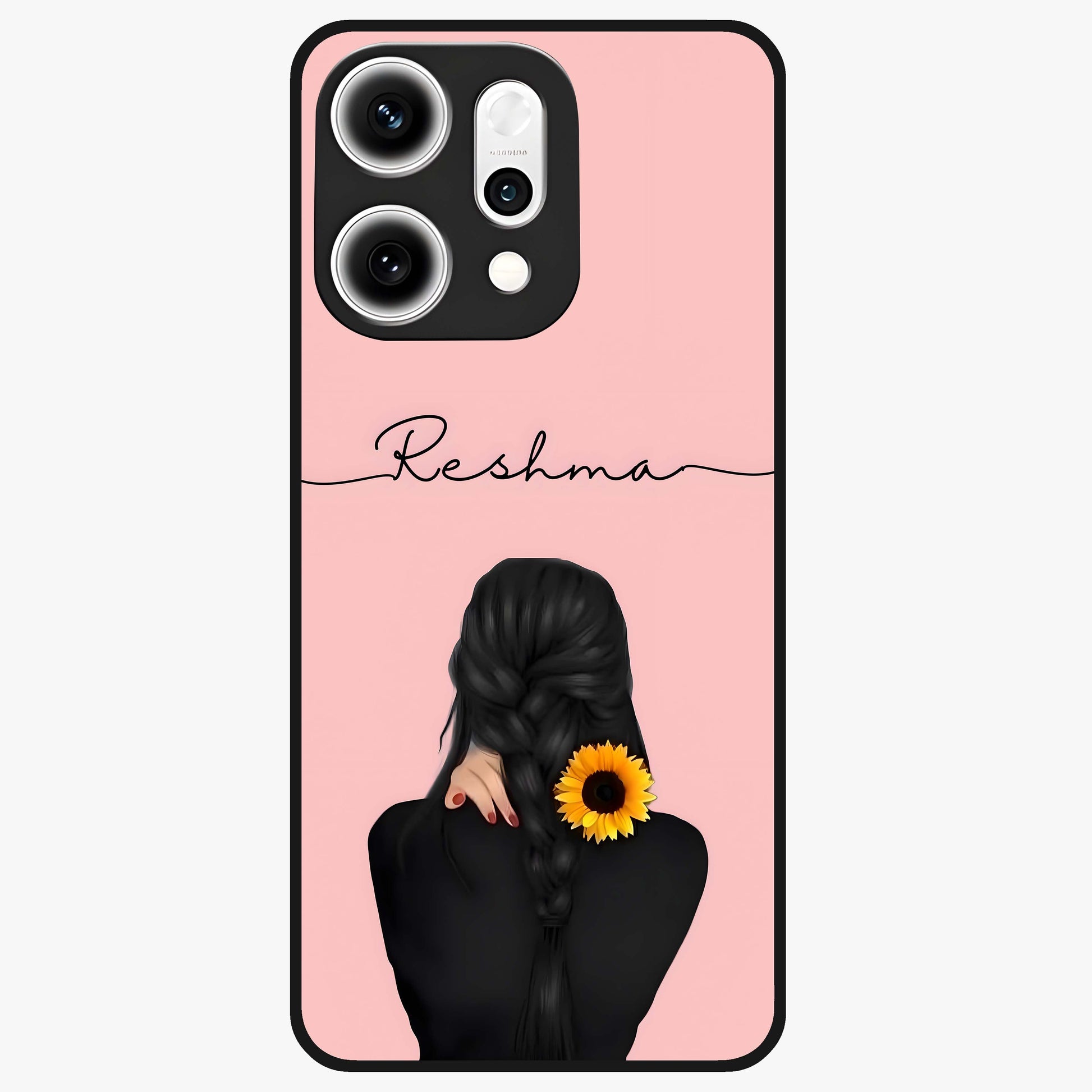 Sunflower Braid Beauty With Custom Name Glass Case showing flat back view with sunflower braid artwork and personalized name design.