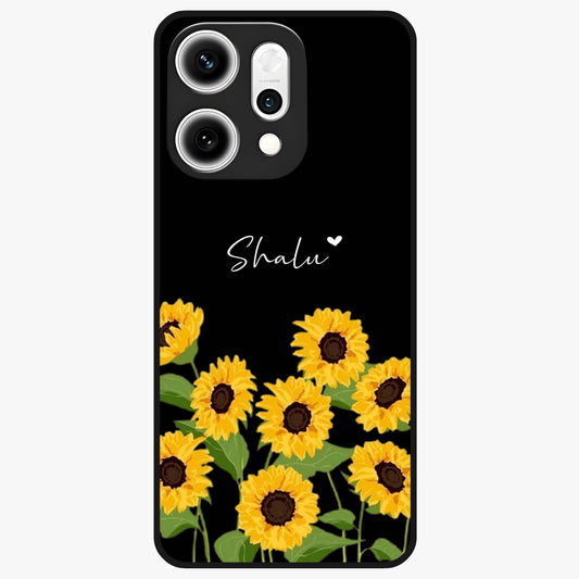 Sunflower Chic Mood Custom Name Glass Case showing flat back view with stylish sunflower artwork and personalized name design.