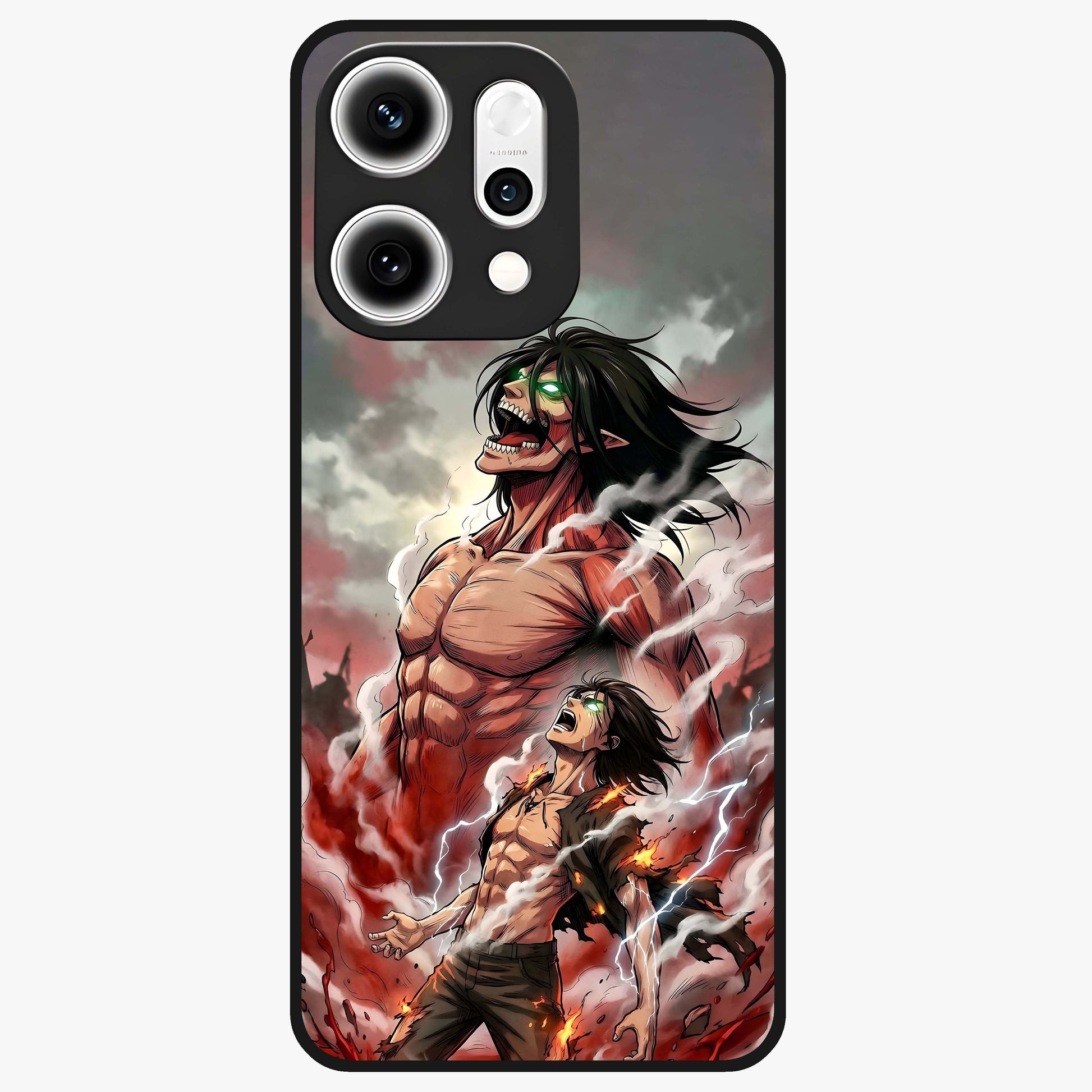 Titan Awakening Fury Glass Case showing flat back view with powerful titan inspired artwork and glossy glass finish.