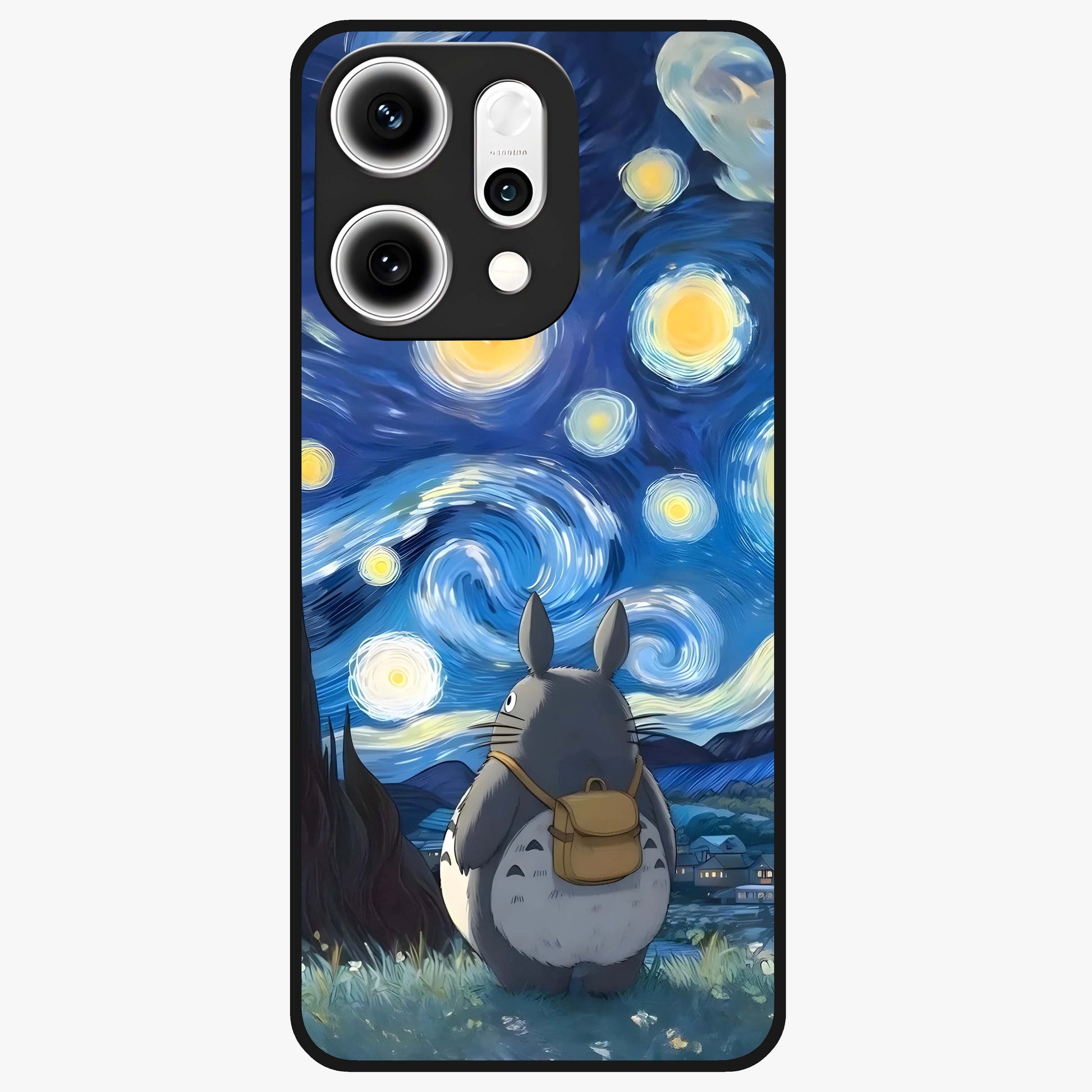 Totoro In Van Gogh Art Glass Case showing flat back view with whimsical character artwork inspired by Van Gogh style and glossy glass finish.