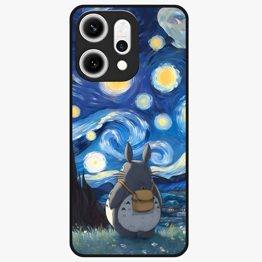 Totoro In Van Gogh Art Glass Case showing flat back view with whimsical character artwork inspired by Van Gogh style and glossy glass finish.