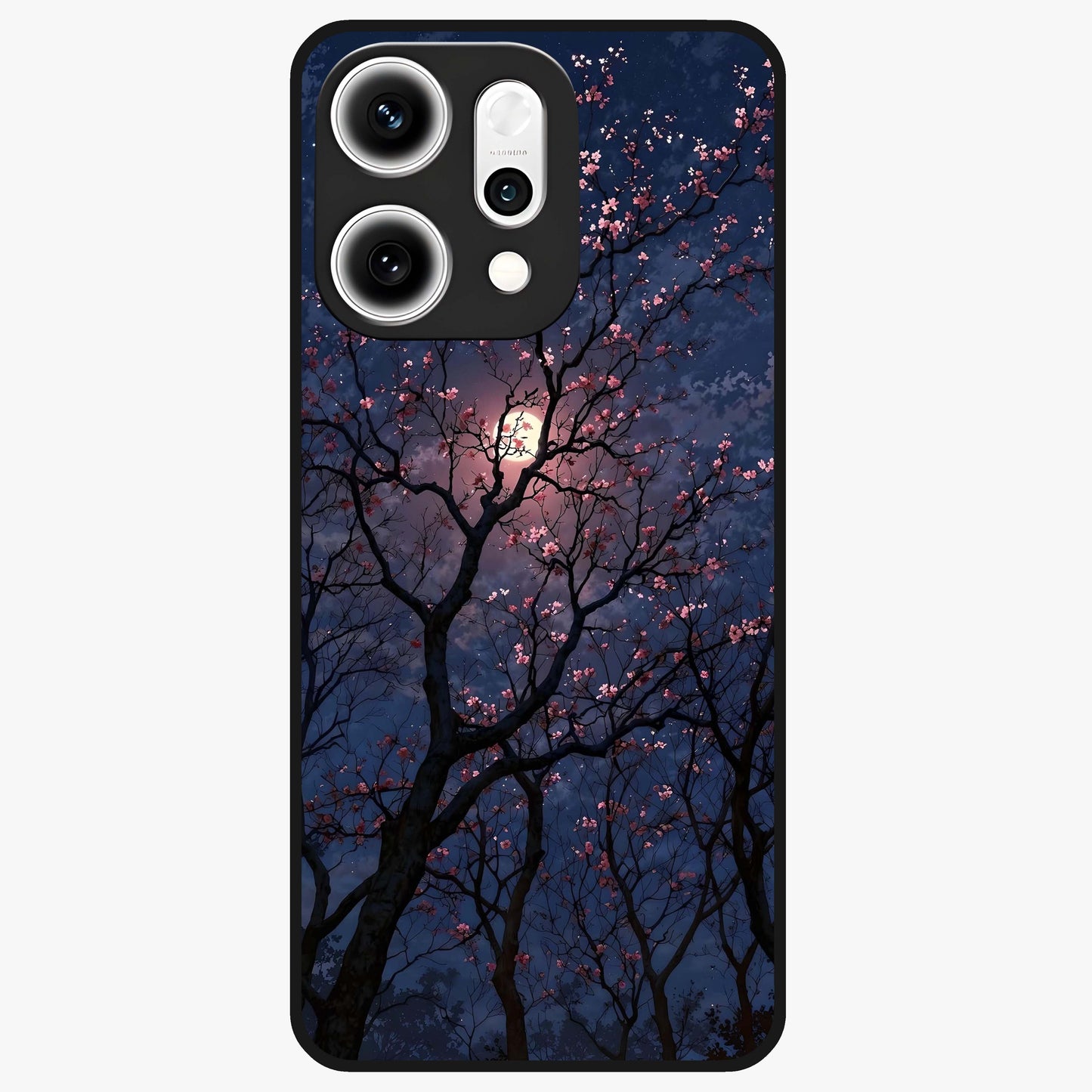 Twilight Sakura Serenade Glass Case showing flat back view with cherry blossom artwork at twilight and glossy glass finish.