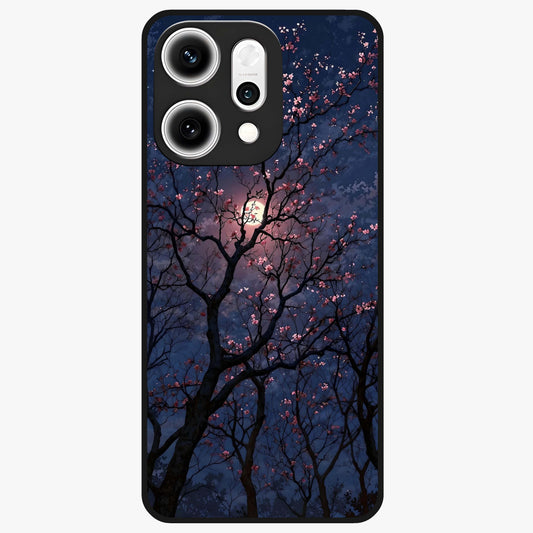 Twilight Sakura Serenade Glass Case showing flat back view with cherry blossom artwork at twilight and glossy glass finish.