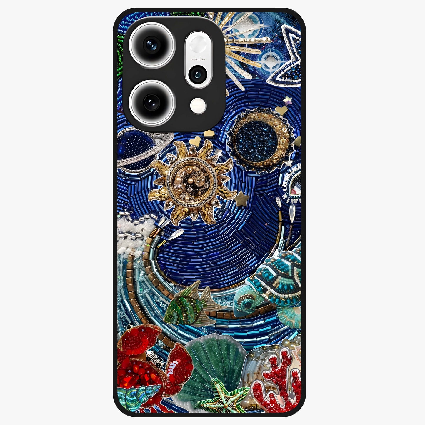 Universe Underwater Spark Glass Case showing flat back view with cosmic underwater themed artwork and glossy glass finish.