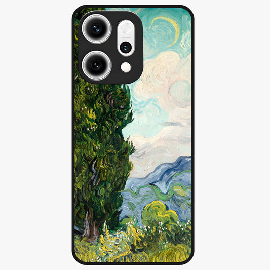 Van Gogh Vintage Art Glass Case showing flat back view with vintage painterly artwork inspired by Van Gogh style and glossy glass finish.