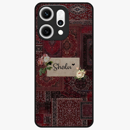 Velvet Wine Pattern Custom Name Glass Case showing flat back view with elegant wine colored pattern artwork and personalized name design.