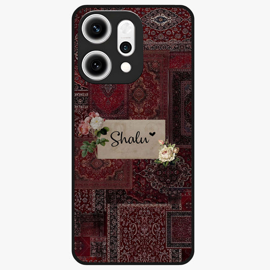 Velvet Wine Pattern Custom Name Glass Case showing flat back view with elegant wine colored pattern artwork and personalized name design.