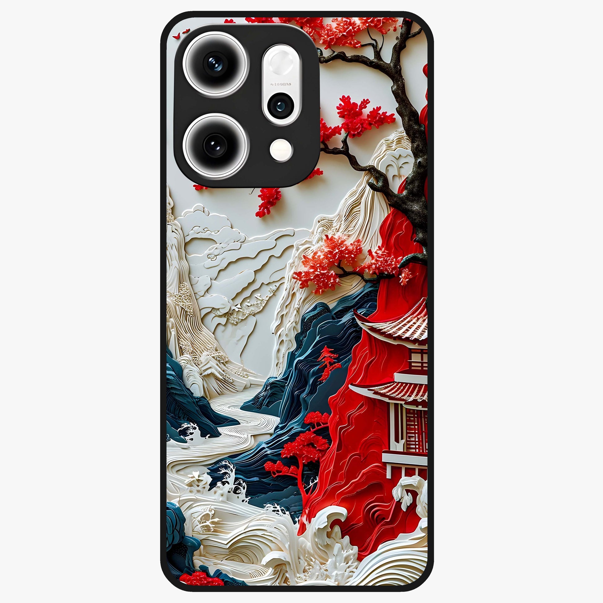 Whispers Of Sakura Waves Glass Case showing flat back view with cherry blossom wave artwork and glossy glass finish.
