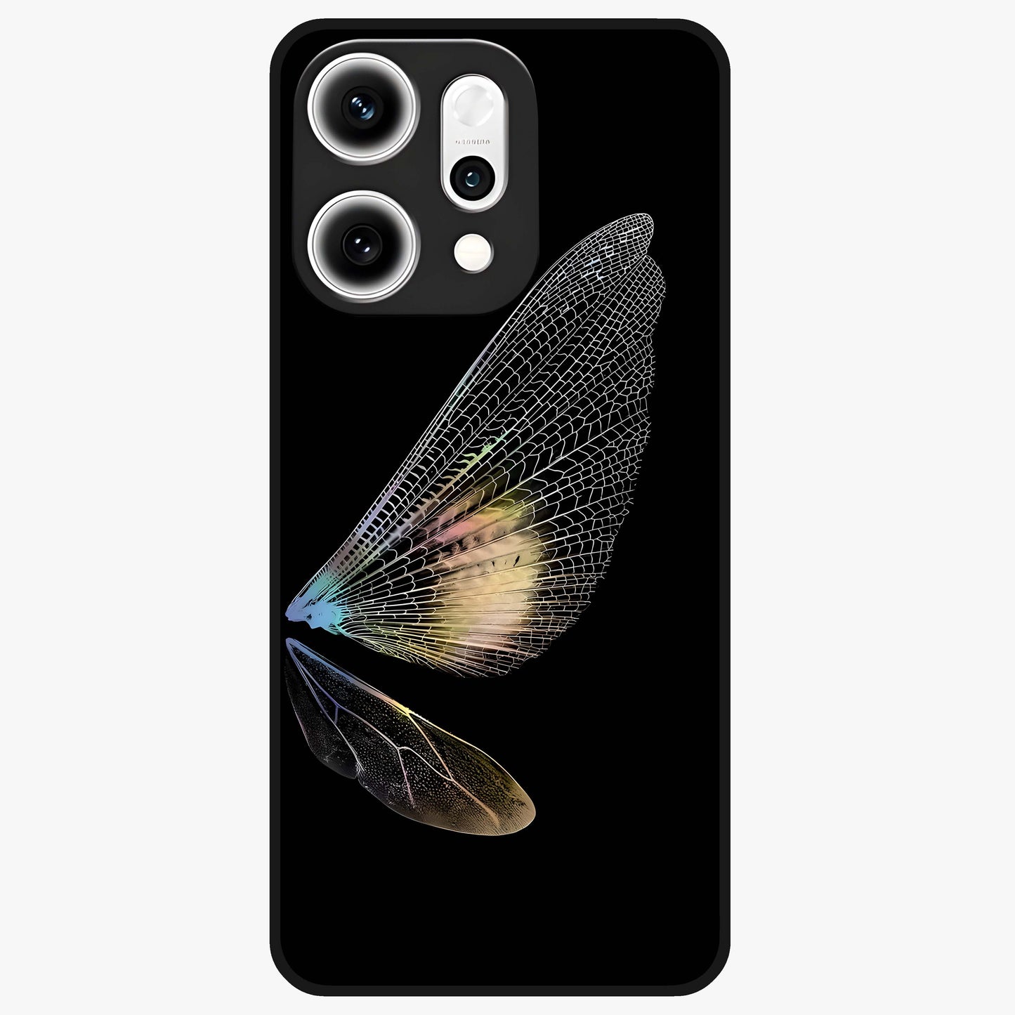 Whispers Of Wings Glass Case showing flat back view with graceful wing inspired artwork and glossy glass finish.