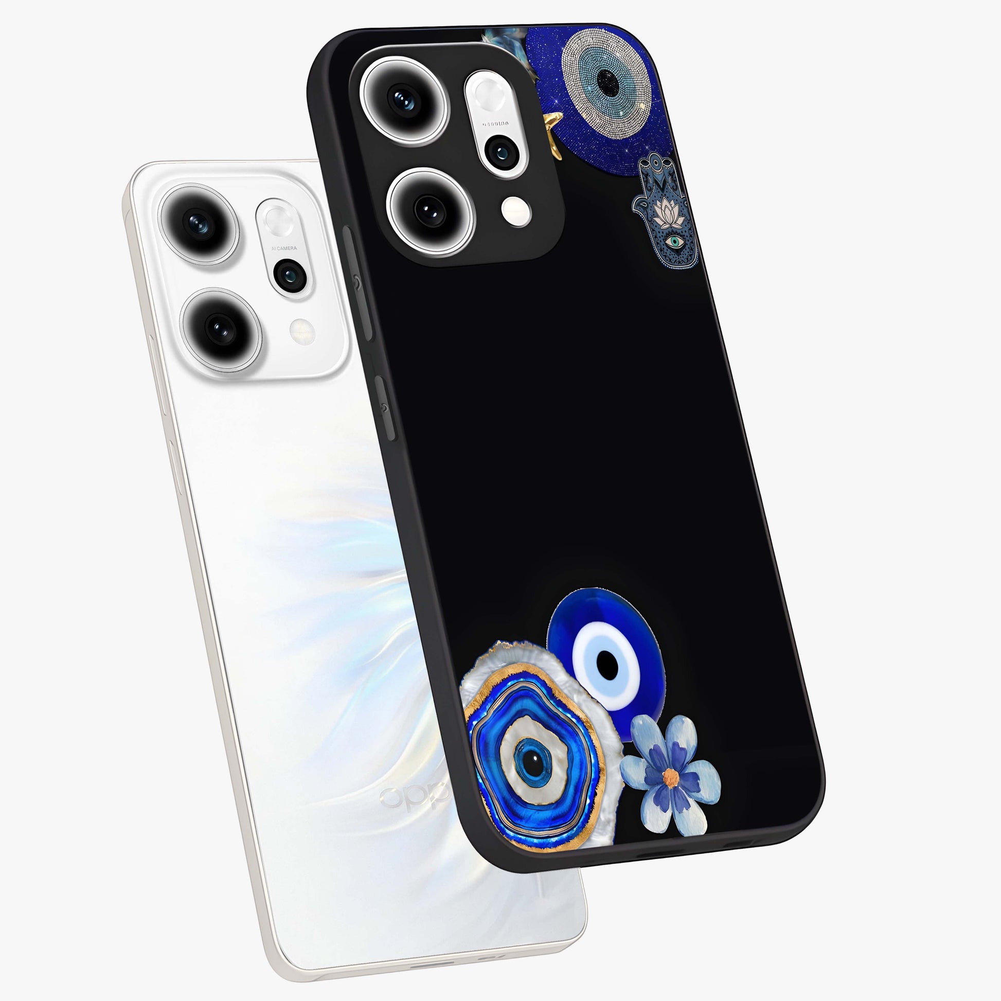 Aesthetic Blue Evil Eye Glass Case displayed in angled mockup highlighting blue evil eye symbol and spiritual aesthetic design.