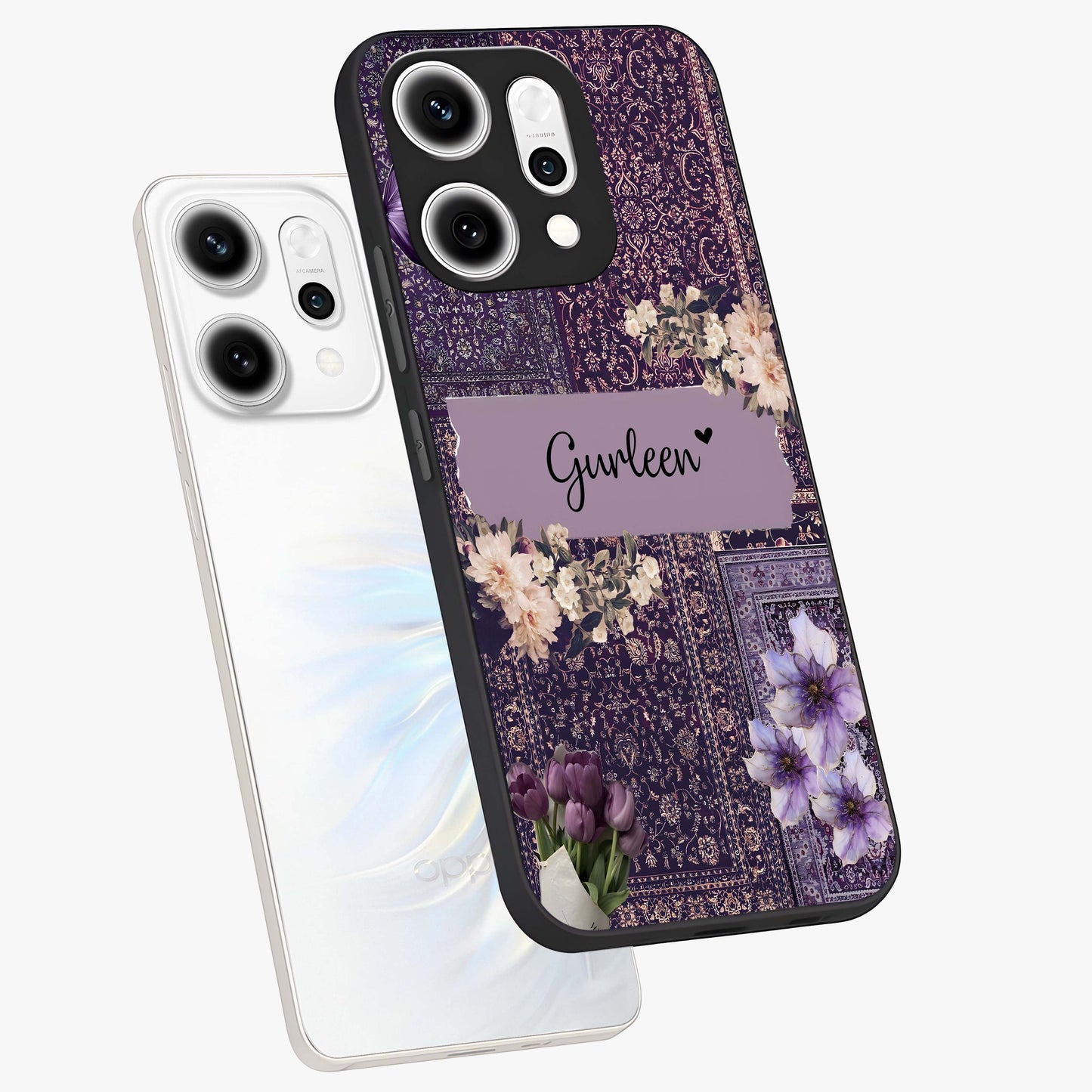 Antique Floral Whisper Custom Name Glass Case displayed in angled mockup highlighting elegant antique floral aesthetic.