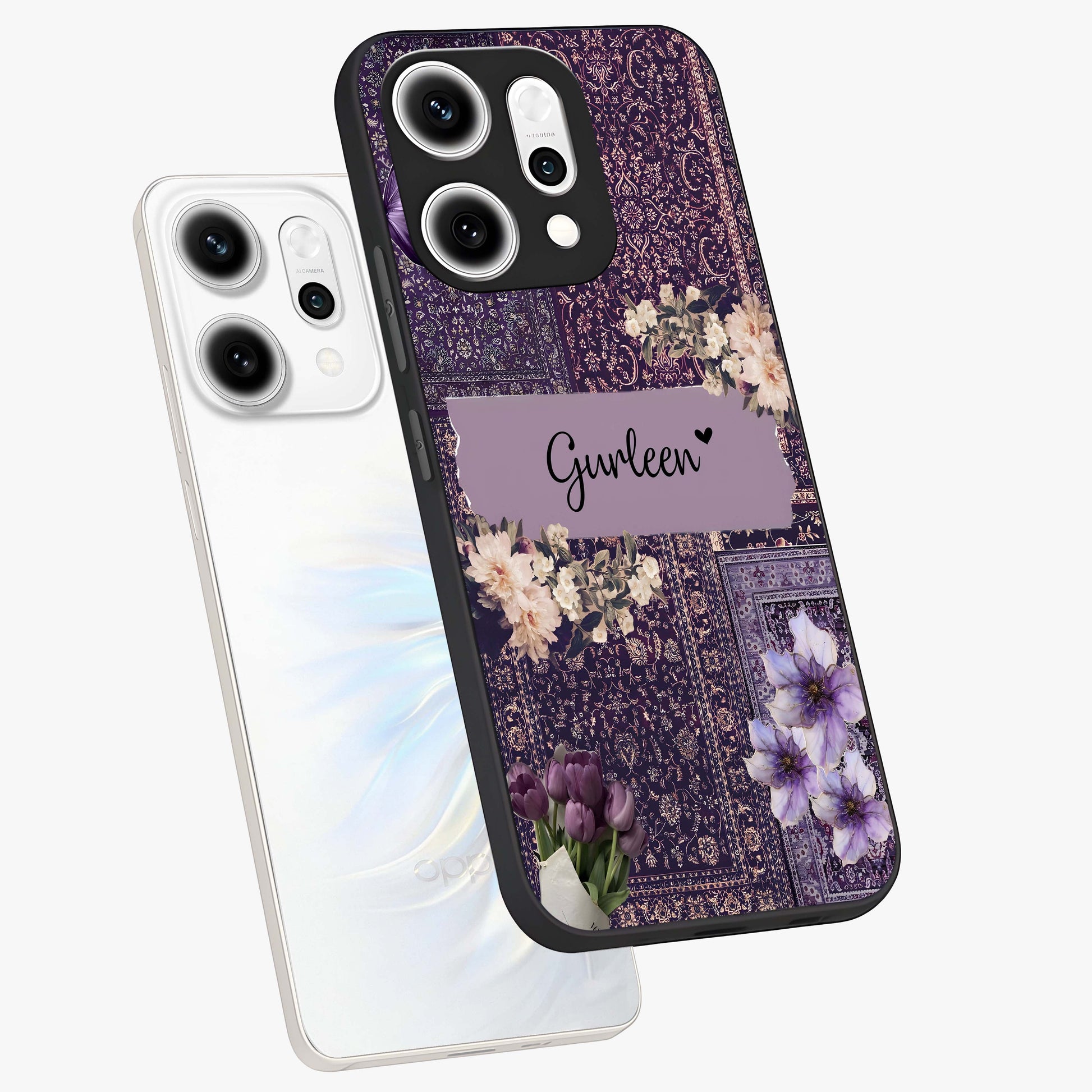Antique Floral Whisper Custom Name Glass Case displayed in angled mockup highlighting elegant antique floral aesthetic.
