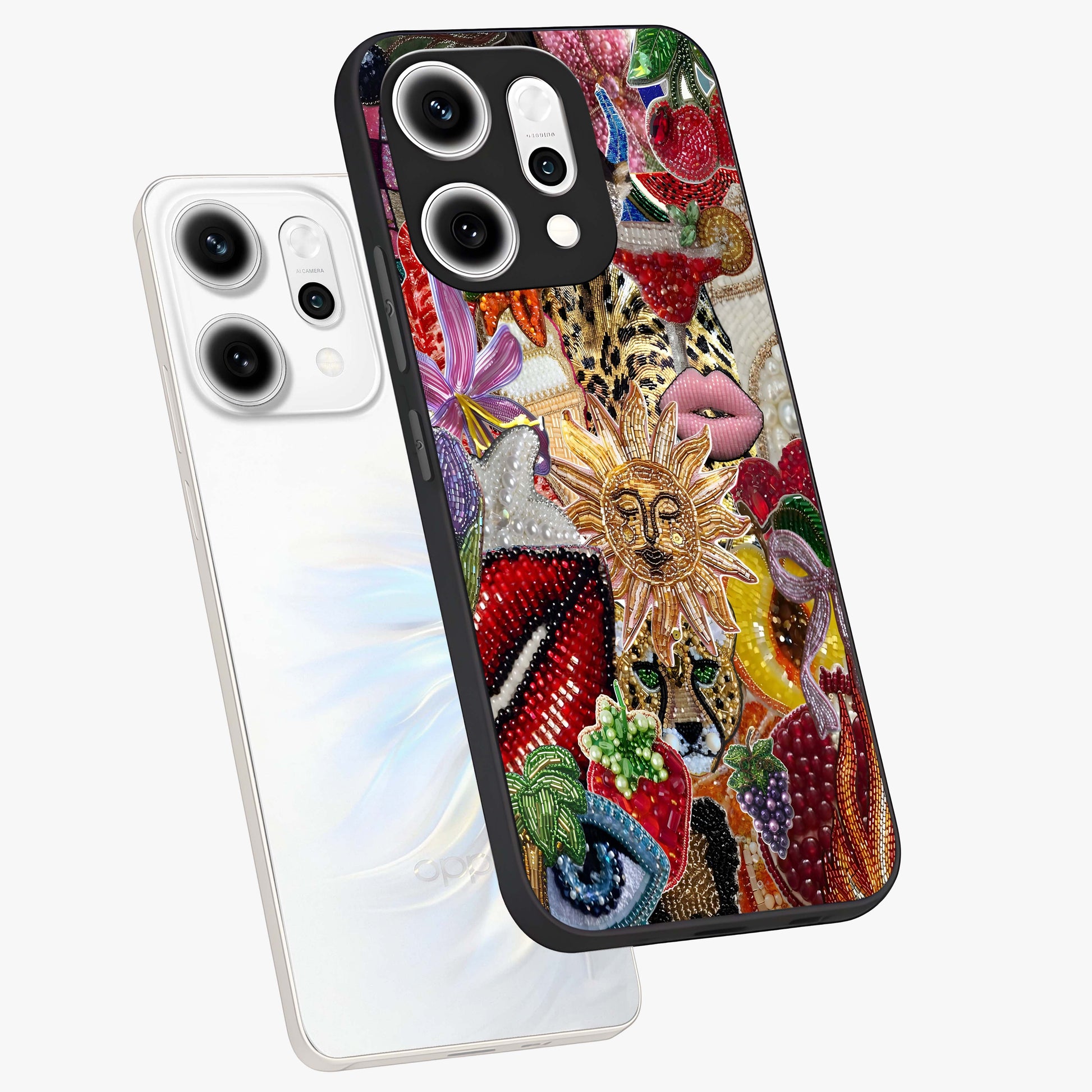 Beaded Fashion Jungle Glass Case displayed in angled mockup highlighting colorful fashion bead design and artistic pattern.