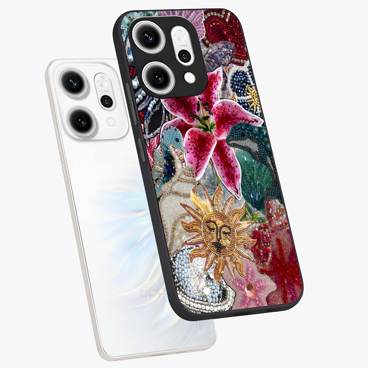 Beaded Garden Fantasy Glass Case displayed in angled mockup highlighting fantasy inspired floral bead pattern.