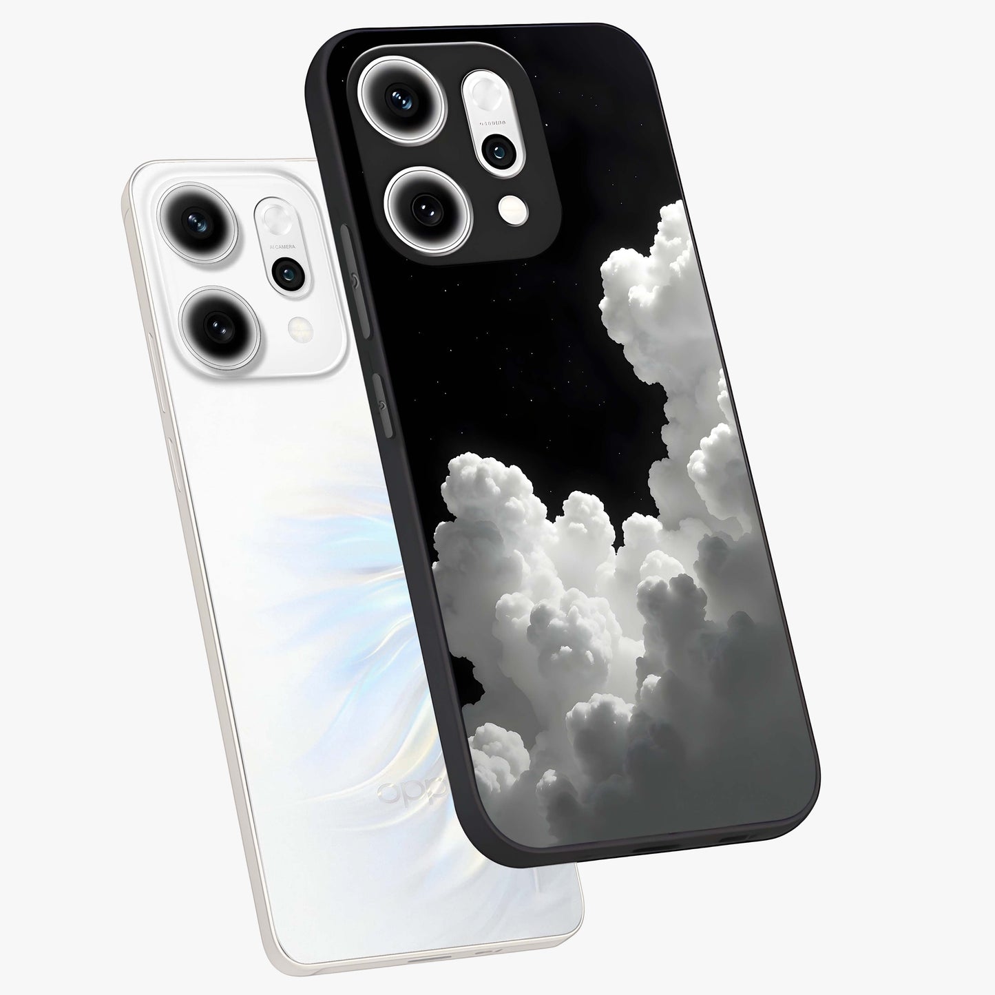 Black Background With White Cloud Glass Case displayed in angled mockup highlighting soft white cloud illustration and minimal design.
