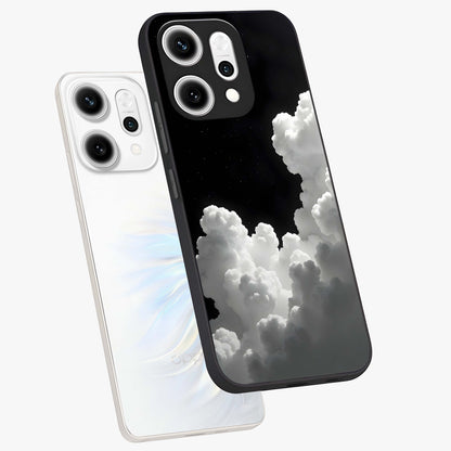 Black Background With White Cloud Glass Case displayed in angled mockup highlighting soft white cloud illustration and minimal design.