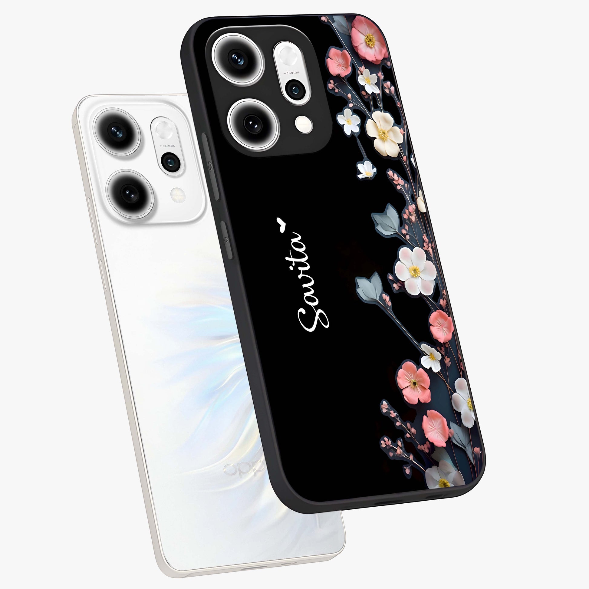 Black Elegance Floral Custom Name Glass Case displayed in angled mockup highlighting dark floral aesthetic and custom name feature.