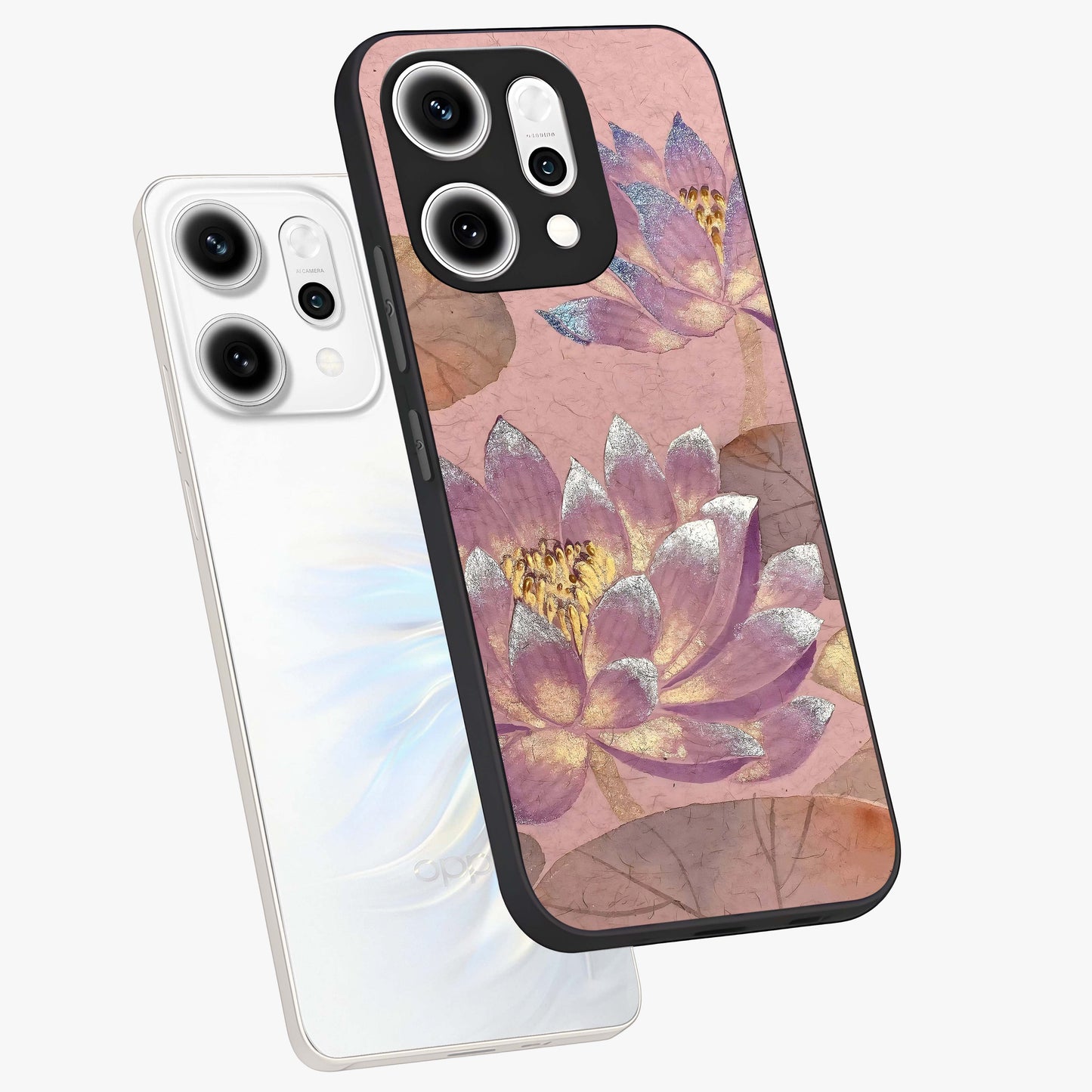 Blossom Mist Lotus Glass Case displayed in angled mockup highlighting delicate lotus illustration with calm aesthetic theme.