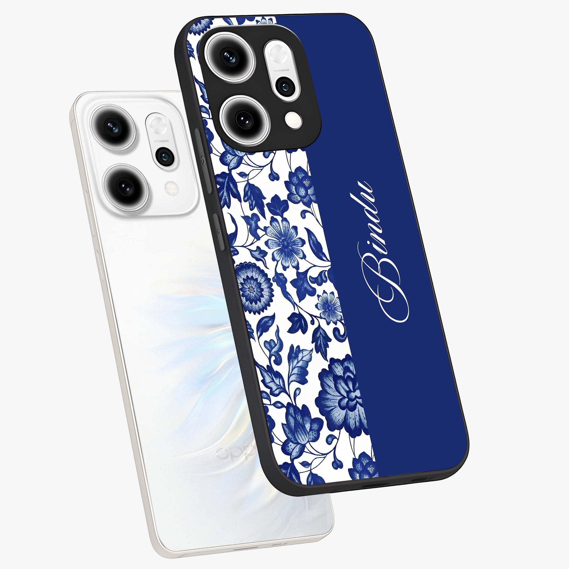 Blue Vintage Floral Pattern Glass Case displayed in angled mockup highlighting subtle bloom pattern with aesthetic pastel design.