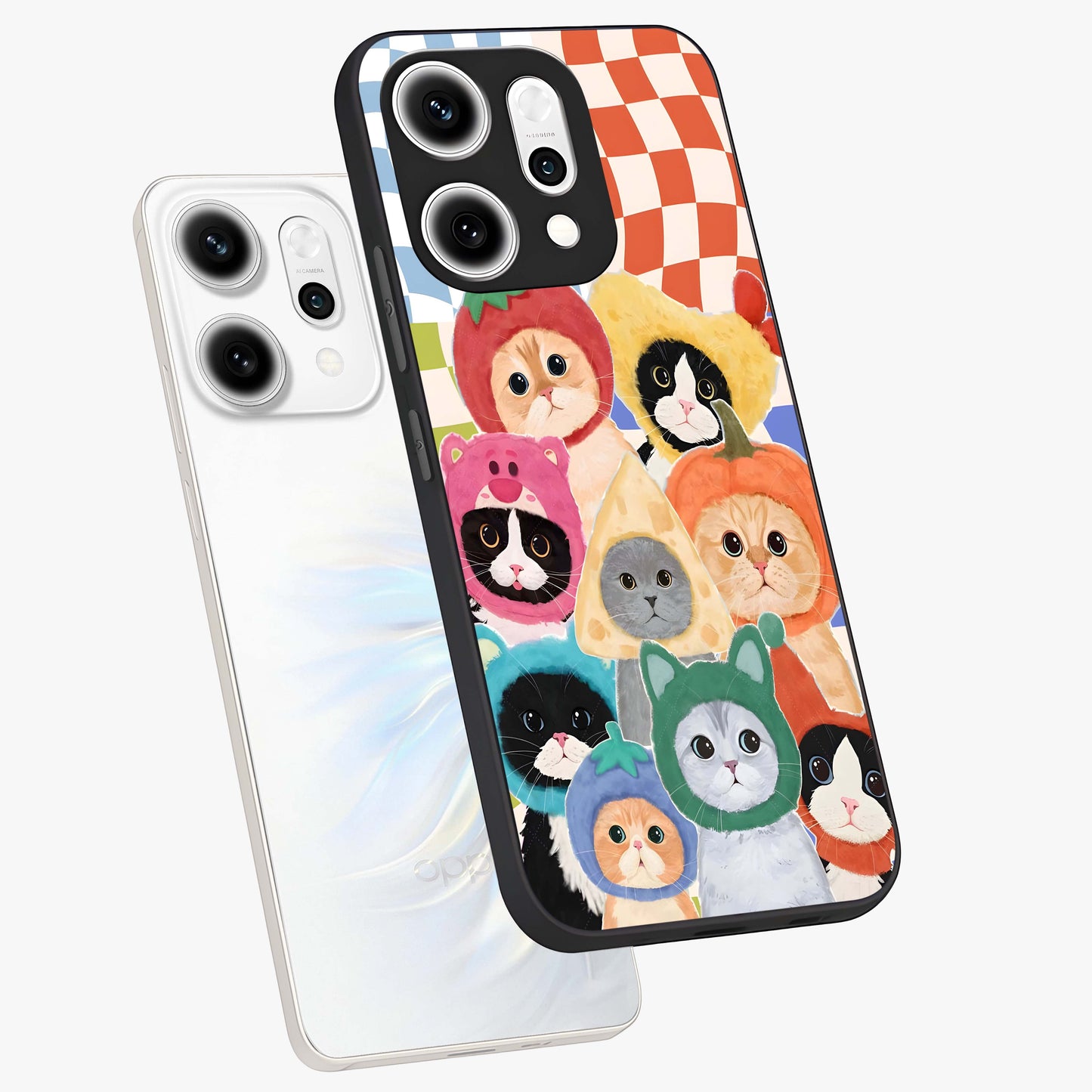 Cats in Fruits Glass Case displayed in angled mockup highlighting cute feline fruit design with colorful aesthetic style.
