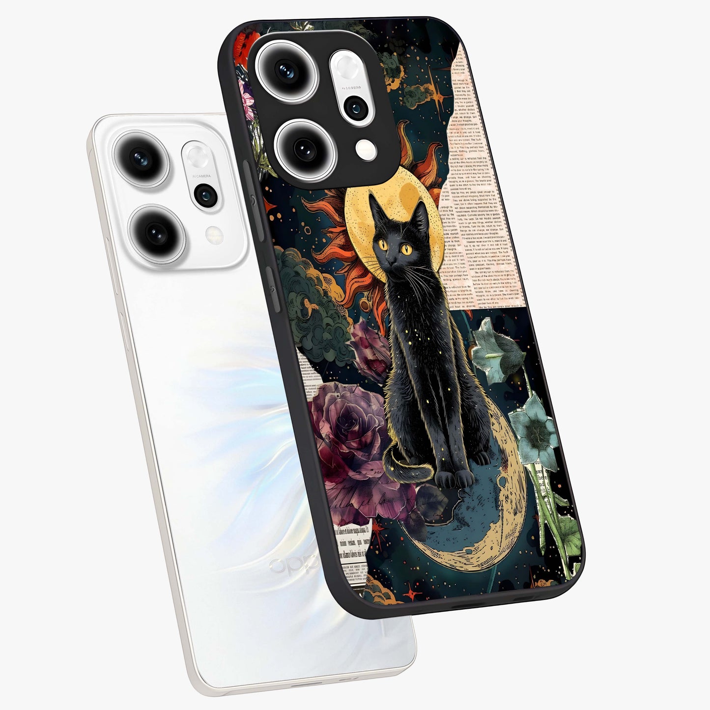 Celestial Black Cat Glass Case displayed in angled mockup highlighting cosmic black cat design with celestial aesthetic.
