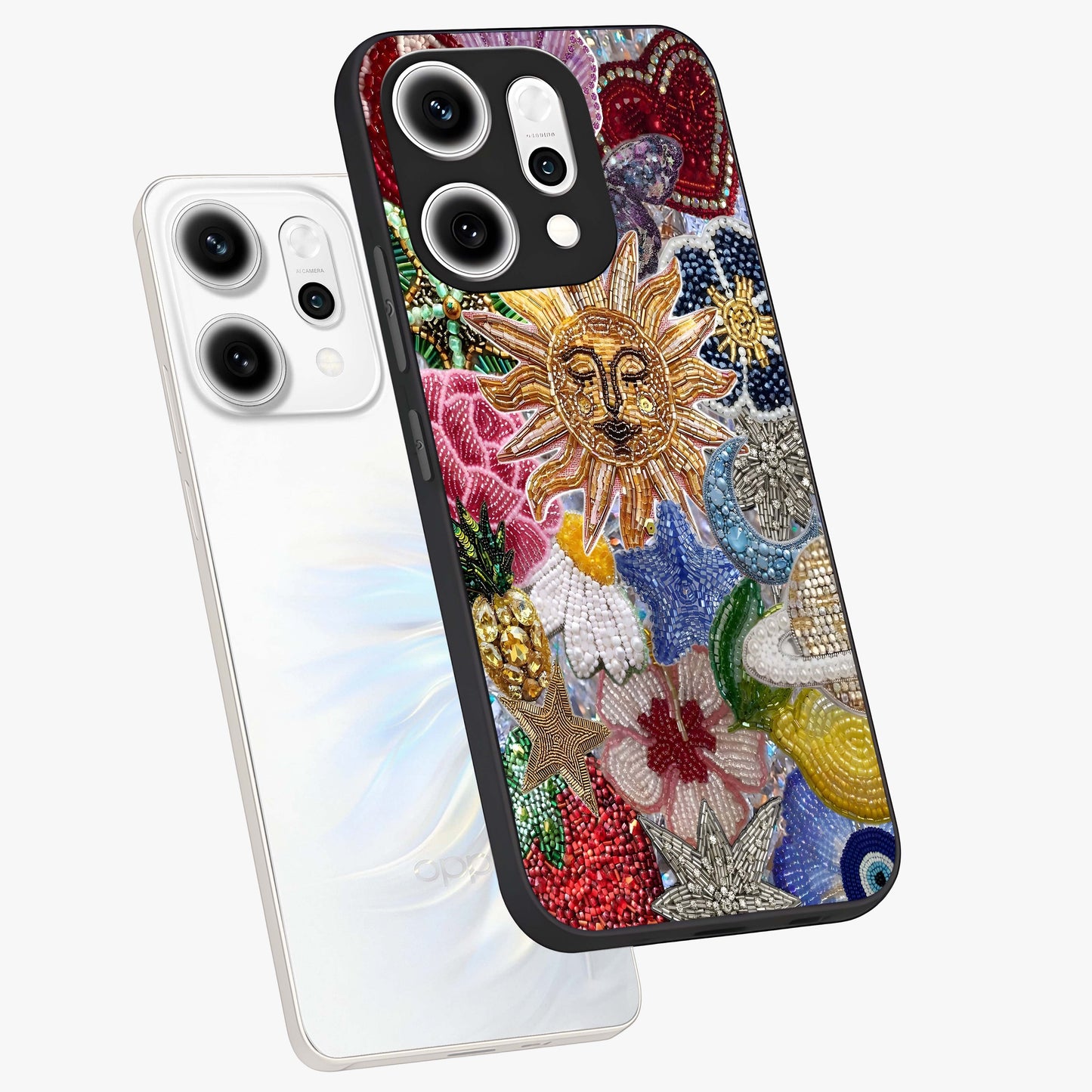 Celestial Floral and Playful Glass Case displayed in angled mockup highlighting playful floral design with dreamy celestial elements.