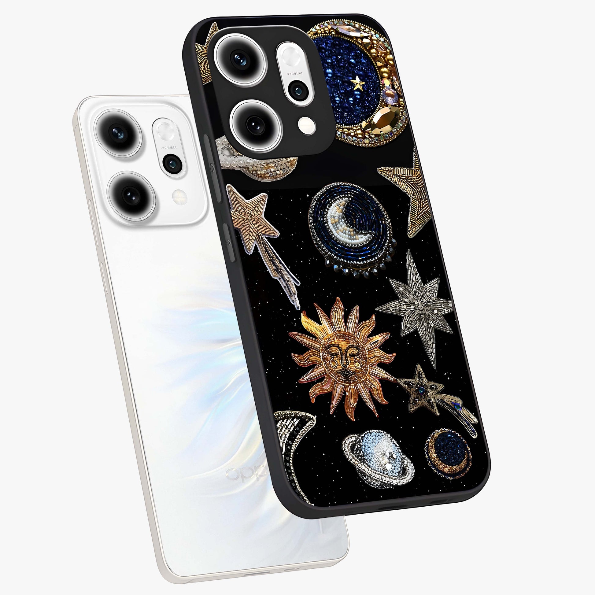 Celestial Gem Constellations Glass Case displayed in angled mockup highlighting gemstone inspired constellation design.
