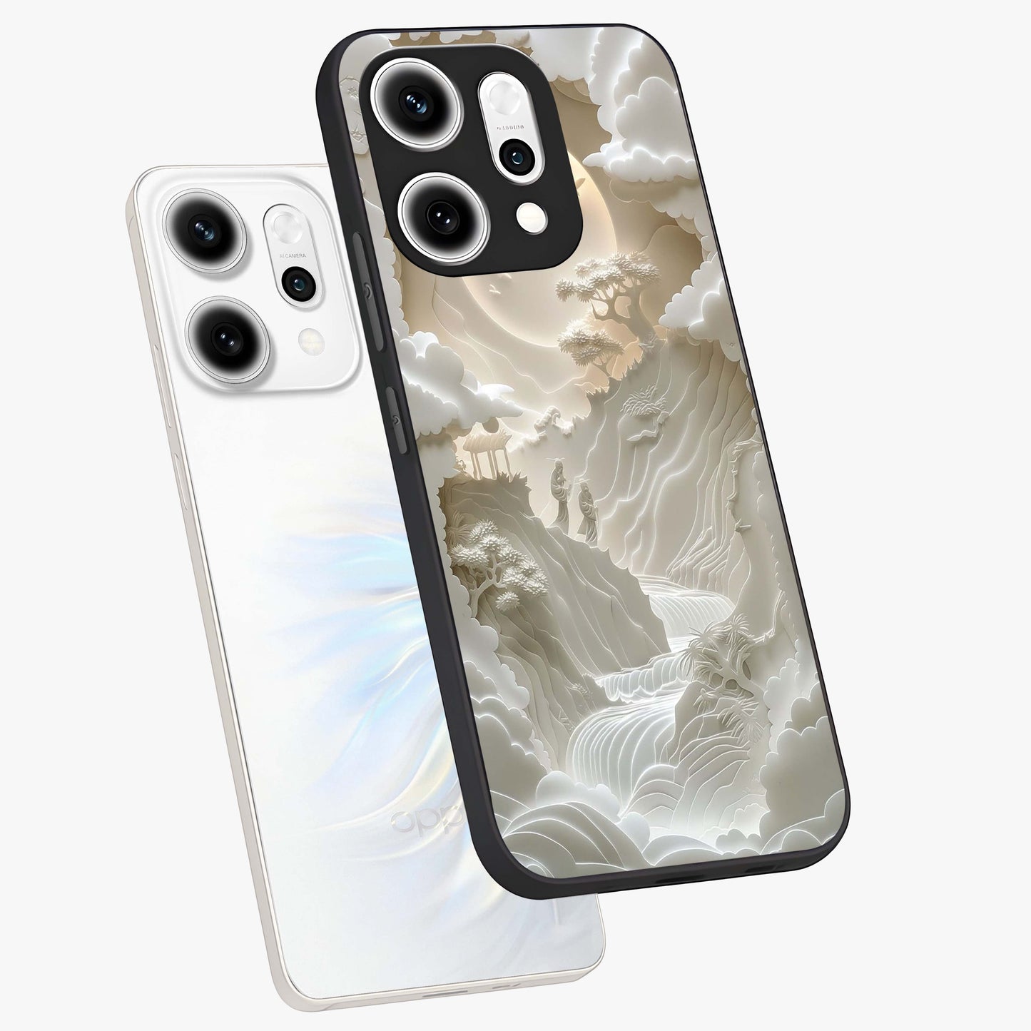 Celestial Origami Glass Case displayed in angled mockup highlighting geometric origami design with cosmic aesthetic theme.