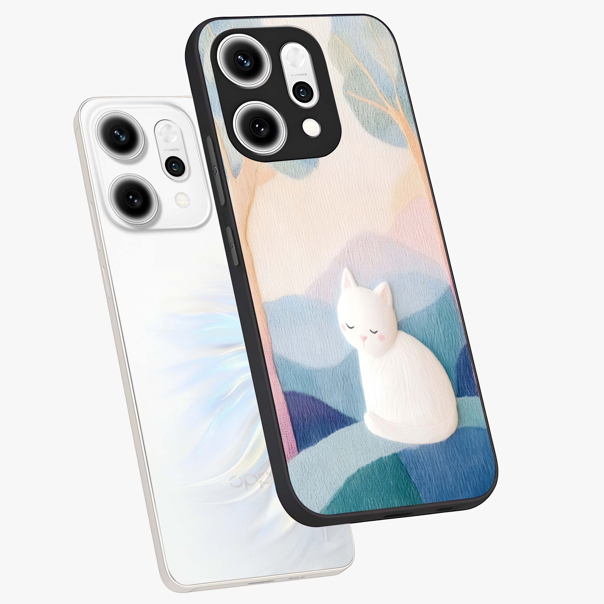 Cotton Dream Cat Glass Case displayed in angled mockup highlighting cute feline illustration with pastel aesthetic style.