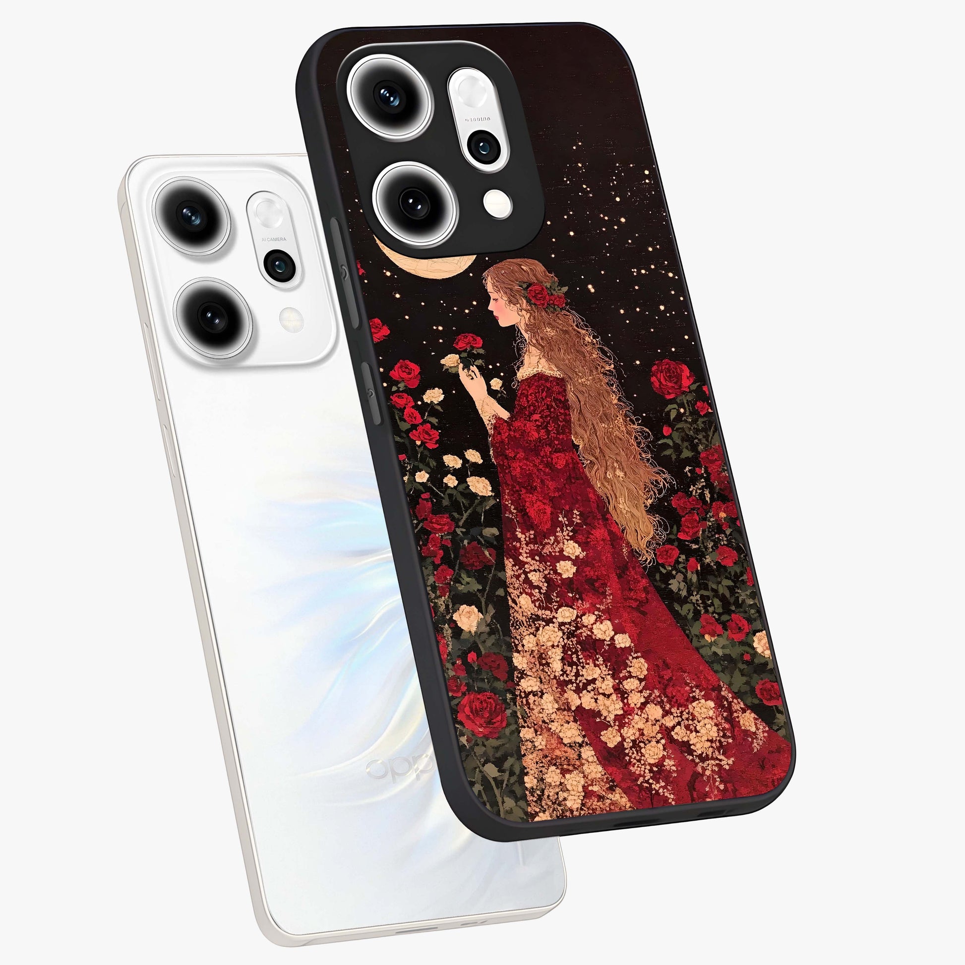 Crimson Dreams Glass Case displayed in angled mockup highlighting soft crimson aesthetic design with artistic theme.