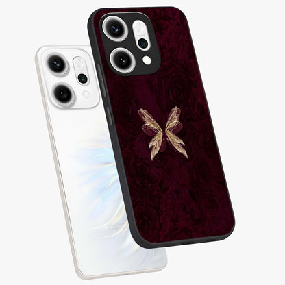 Crimson Fade Butterfly Glass Case displayed in angled mockup highlighting elegant butterfly design with crimson gradient aesthetic.