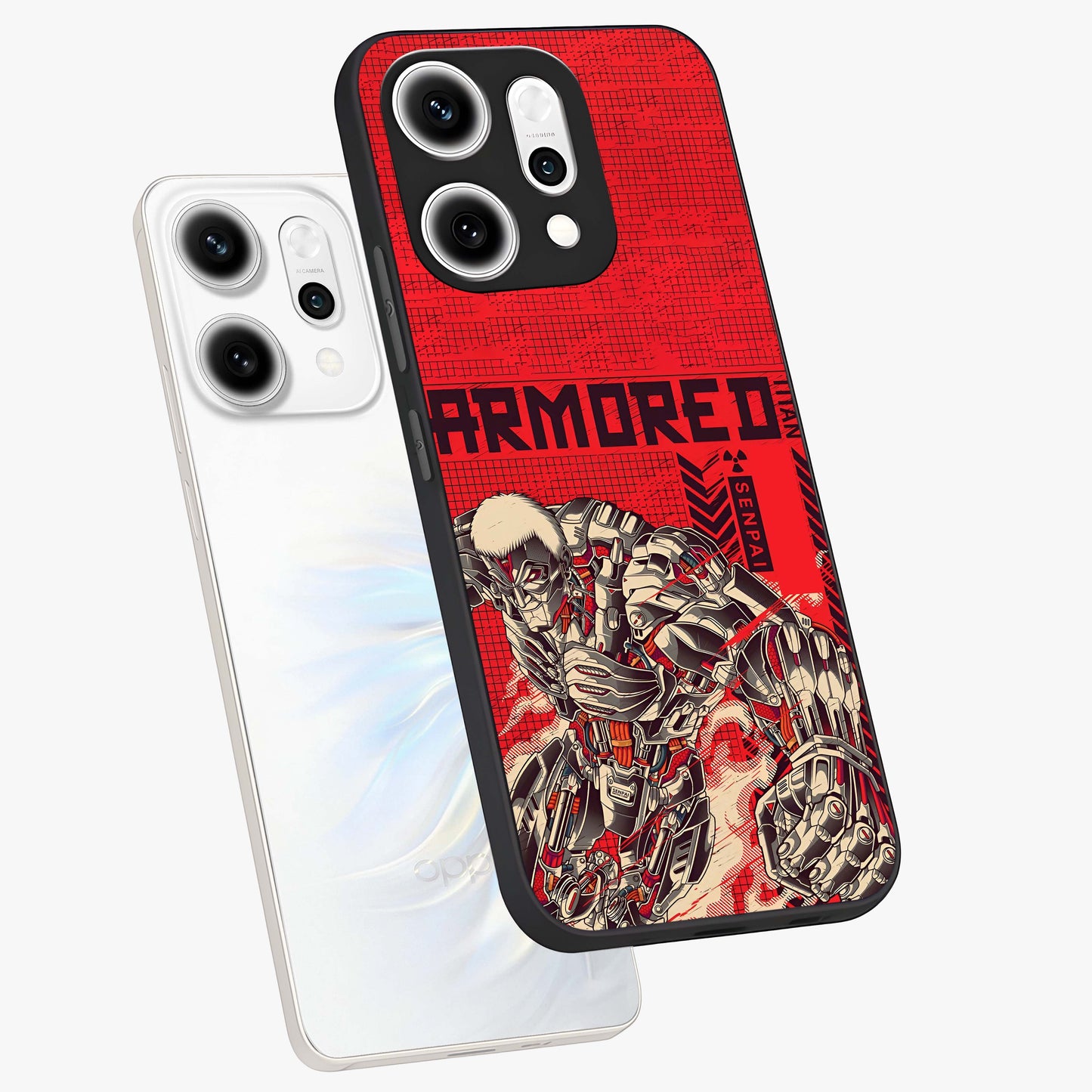 Crimson Mecha Titan Glass Case displayed in angled mockup highlighting futuristic mech illustration with bold crimson aesthetic.