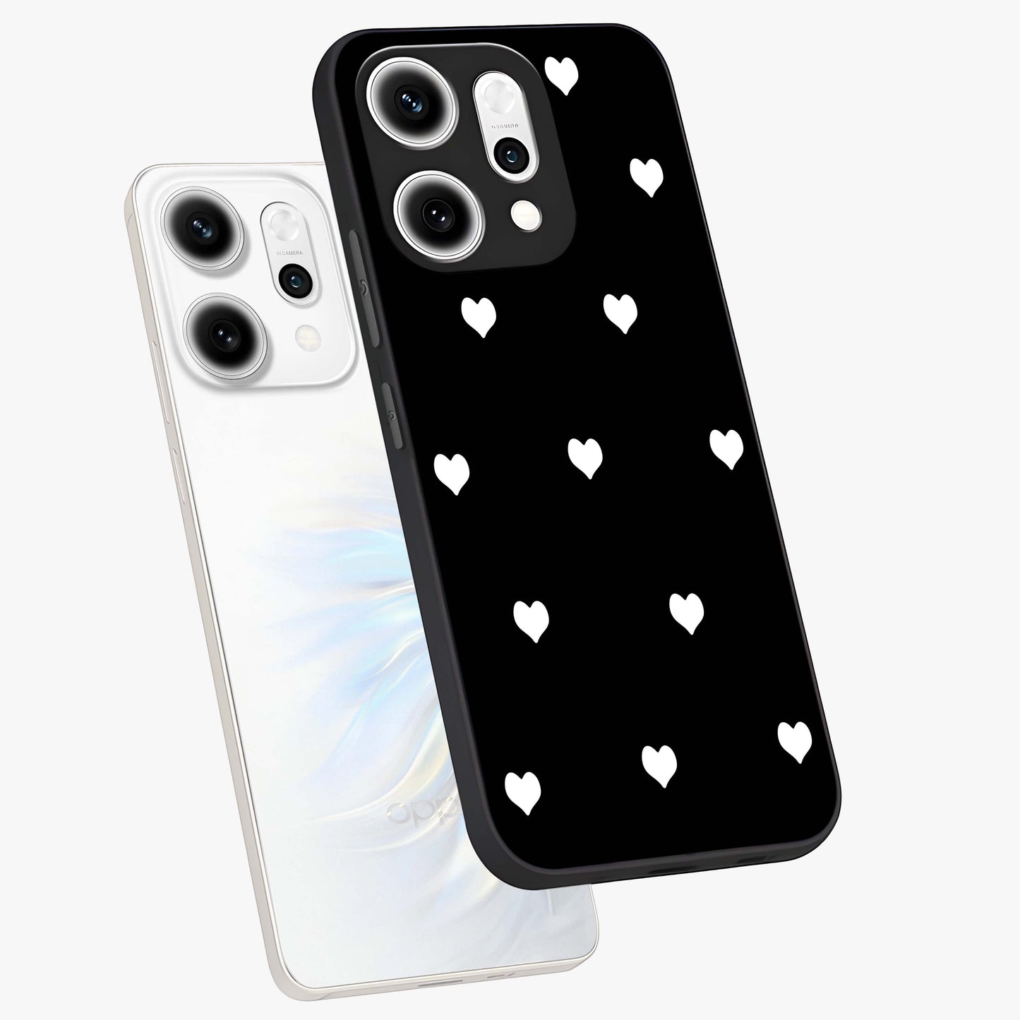 Cute And Simple White Hearts Glass Case displayed in angled mockup highlighting cute heart design with clean aesthetic style.